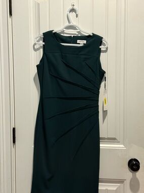 Calvin Klein Sleeveless Teal Sheath Dress with Diagonal Pleats